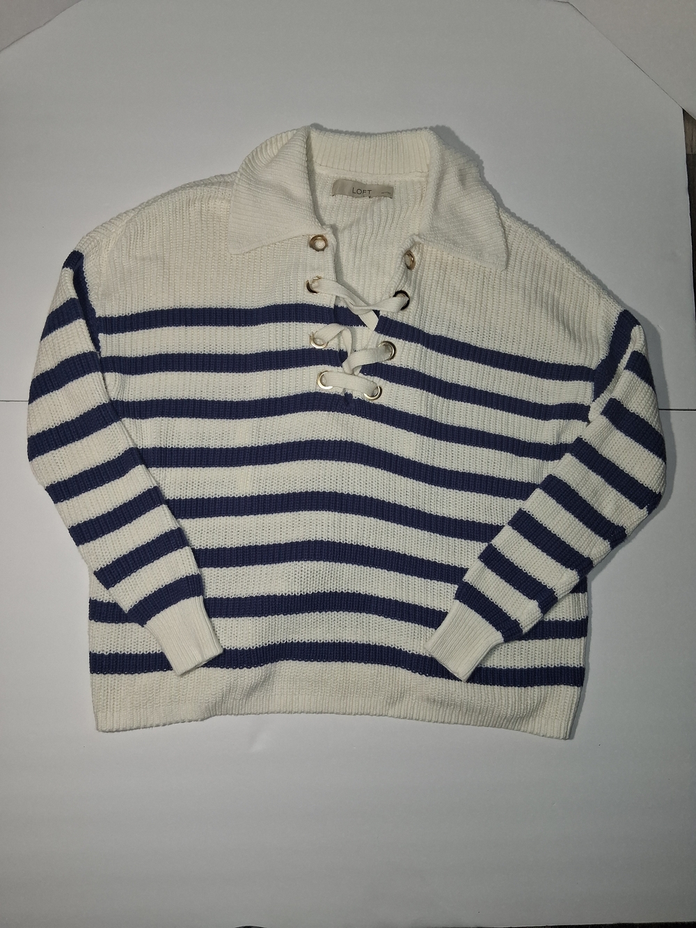 LOFT Cream and Navy Striped Lace-Up Collar Sweater
